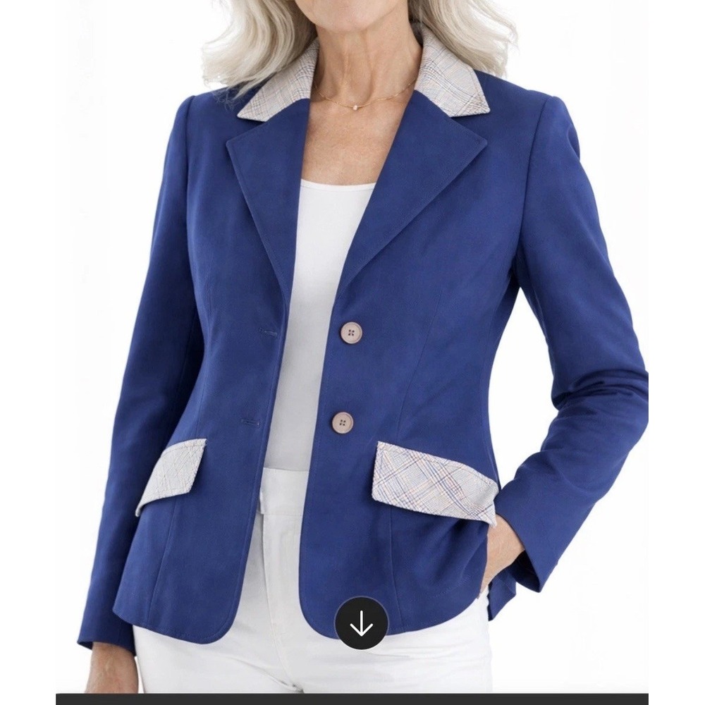 MONTGOMERY WARD Vtg 90s Women's Blue w/Plaid Pockets Collar Coat Blazer (SMALL)